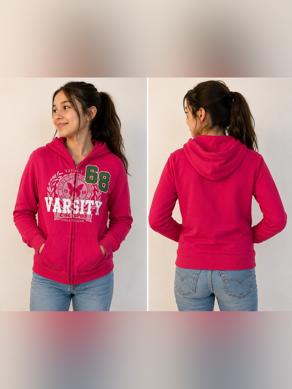 Arizona Jean Co Pink Varsity Zip Hoodie Girls L 14/16